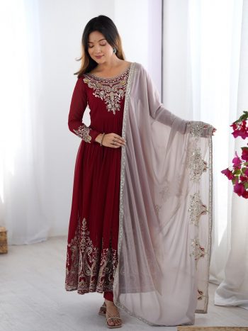 FANCY GEORGETTE MULTI THREAD EMBROIDERY SEQUENCE WORK GOWN BOTTOM WITH DUPATTA  MAROON