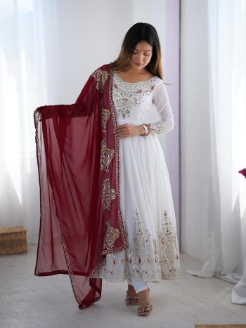 FANCY GEORGETTE MULTI THREAD EMBROIDERY SEQUENCE WORK GOWN BOTTOM WITH DUPATTA WHITE