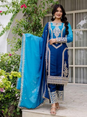FANCY GEORGETTE PANDDING EMBROIDERY SEQUENCE CODDING WORK TOP BOTTOM WITH DUPATTA  BLUE