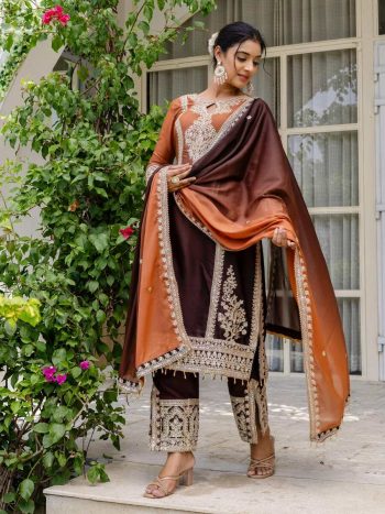 FANCY GEORGETTE PANDDING EMBROIDERY SEQUENCE CODDING WORK TOP BOTTOM WITH DUPATTA  BROWN