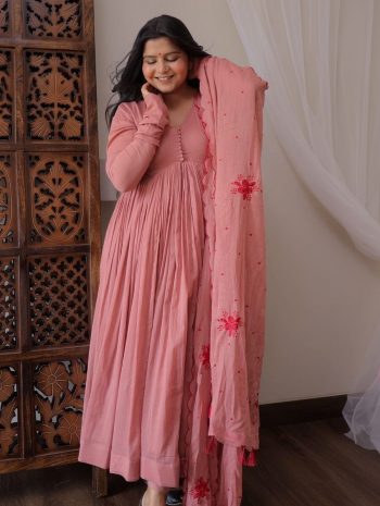 FANCY GEORGETTE PEARL BUTTON WORK GOWN BOTTOM WITH DUPATTA BABY PINK
