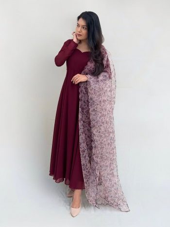 FANCY GEORGETTE PLAIN GOWN WITH ORGANZA PRINTED DUPATTA MAROON