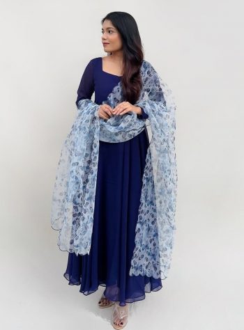 FANCY GEORGETTE PLAIN GOWN WITH ORGANZA PRINTED DUPATTA BLUE