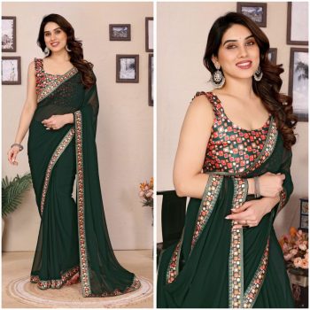 FANCY GEORGETTE PLAIN LACE WORK SAREE WITH DIGITAL PRINTED UNSTITCHED BLOUSE GREEN