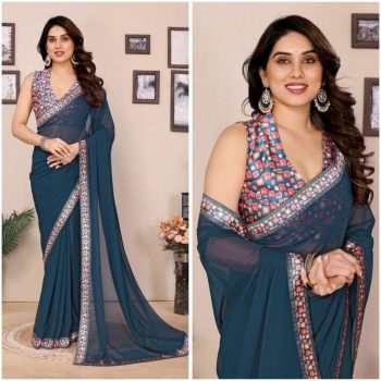 FANCY GEORGETTE PLAIN LACE WORK SAREE WITH DIGITAL PRINTED UNSTITCHED BLOUSE TEAL
