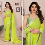 FANCY GEORGETTE PLAIN LACE WORK SAREE WITH DIGITAL PRINTED UNSTITCHED BLOUSE LEMON