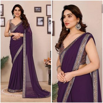 FANCY GEORGETTE PLAIN LACE WORK SAREE WITH DIGITAL PRINTED UNSTITCHED BLOUSE PURPLE