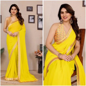 FANCY GEORGETTE PLAIN LACE WORK SAREE WITH DIGITAL PRINTED UNSTITCHED BLOUSE YELLOW