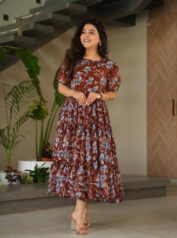 FANCY GEORGETTE PRINTED ONE PIECE  BROWN