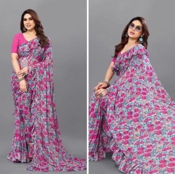 FANCY GEORGETTE PRINTED RUFFLE WORK SAREE WITH UNSTITCHED BLOUSE PINK