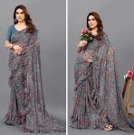 FANCY GEORGETTE PRINTED RUFFLE WORK SAREE WITH UNSTITCHED BLOUSE GREY