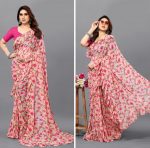 FANCY GEORGETTE PRINTED RUFFLE WORK SAREE WITH UNSTITCHED BLOUSE PEACH