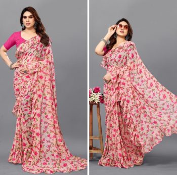 FANCY GEORGETTE PRINTED RUFFLE WORK SAREE WITH UNSTITCHED BLOUSE PEACH