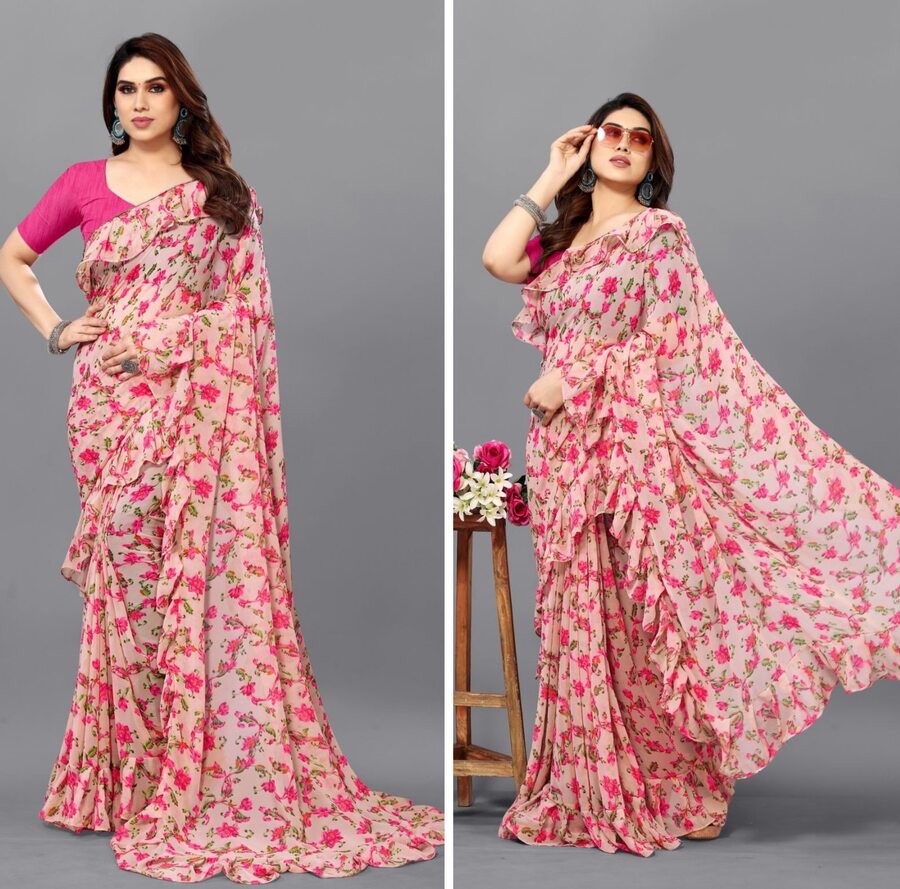 FANCY GEORGETTE PRINTED RUFFLE WORK SAREE WITH UNSTITCHED BLOUSE PARTY WEAR WHOLESALE PRICE ETHNIC GARMENT (3)