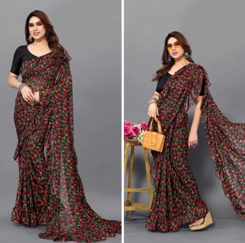 FANCY GEORGETTE PRINTED RUFFLE WORK SAREE WITH UNSTITCHED BLOUSE MULTI