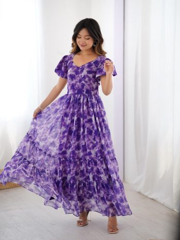 FANCY GEORGETTE PRINTED WITH DOUBLE FRILL PATTERNS WORK ONE PIECE GOWN  PURPLE