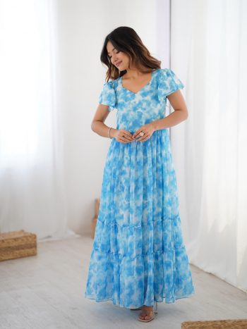 FANCY GEORGETTE PRINTED WITH DOUBLE FRILL PATTERNS WORK ONE PIECE GOWN  SKY