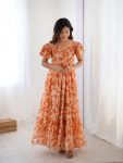 FANCY GEORGETTE PRINTED WITH DOUBLE FRILL PATTERNS WORK ONE PIECE GOWN  ORANGE
