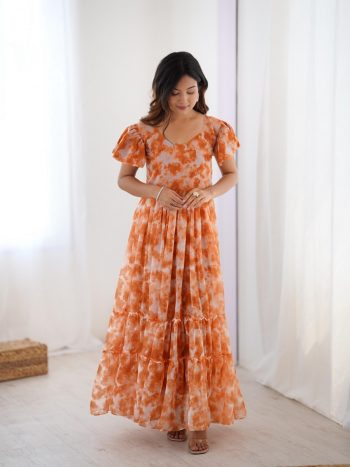 FANCY GEORGETTE PRINTED WITH DOUBLE FRILL PATTERNS WORK ONE PIECE GOWN  ORANGE