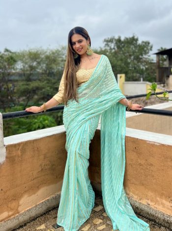 FANCY GEORGETTE SEQUENCE EMBROIDERY PIPING BORDER WORK SAREE WITH UNSTITCHED BLOUSE MINT