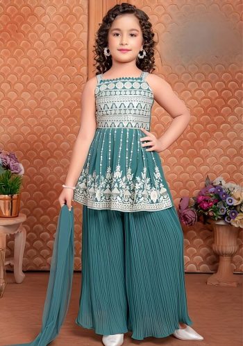 FANCY GEORGETTE SEQUENCE EMBROIDERY WORK KID'S TOP PALAZZO WITH DUPATTA RAMA