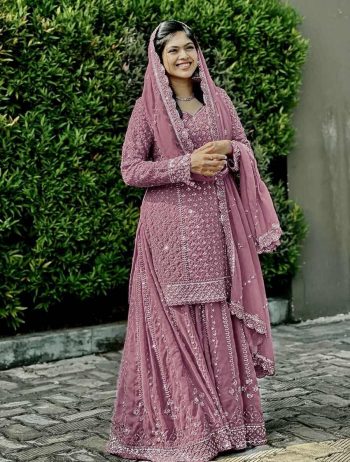 FANCY GEORGETTE SEQUENCE EMBROIDERY WORK TOP PALAZZO WITH DUPATTA PINK