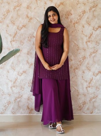 FANCY GEORGETTE SEQUENCE EMBROIDERY WORK TOP PALAZZO WITH DUPATTA PURPLE