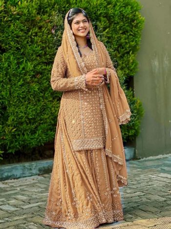 FANCY GEORGETTE SEQUENCE EMBROIDERY WORK TOP PALAZZO WITH DUPATTA CREAM