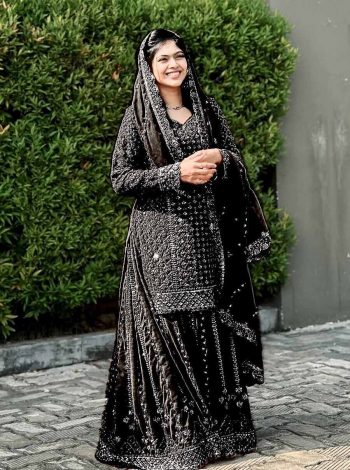 FANCY GEORGETTE SEQUENCE EMBROIDERY WORK TOP PALAZZO WITH DUPATTA BLACK