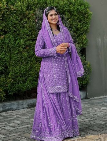 FANCY GEORGETTE SEQUENCE EMBROIDERY WORK TOP PALAZZO WITH DUPATTA LAVENDER