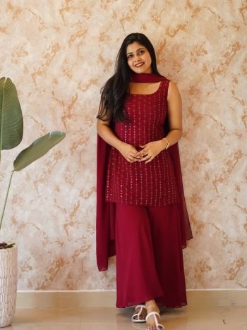 FANCY GEORGETTE SEQUENCE EMBROIDERY WORK TOP PALAZZO WITH DUPATTA MAROON