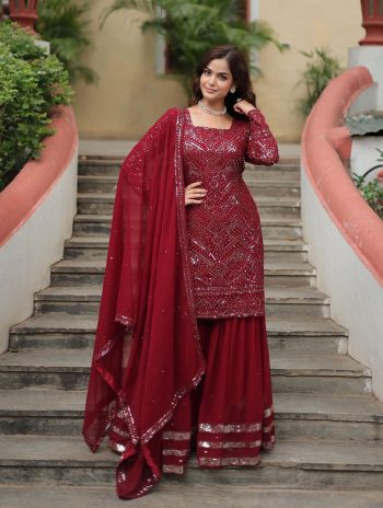 FANCY GEORGETTE SEQUENCE EMBROIDERY WORK TOP SHARARA WITH DUPATTA MAROON