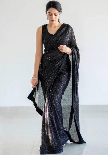 FANCY GEORGETTE SEQUENCE PIPING BORDER SAREE WITH UNSTITCHED BLOUSE BLACK