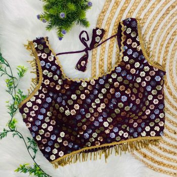 FANCY GEORGETTE SEQUENCE WITH HEAVY LACE WORK STITCHED BLOUSE  WINE