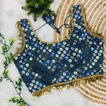 FANCY GEORGETTE SEQUENCE WITH HEAVY LACE WORK STITCHED BLOUSE  TEAL