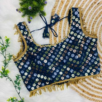 FANCY GEORGETTE SEQUENCE WITH HEAVY LACE WORK STITCHED BLOUSE  BLUE