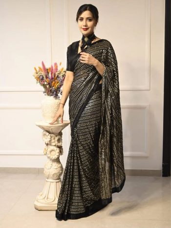 FANCY GEORGETTE SEQUENCE WORK SAREE WITH UNSTITCHED BLOUSE BLACK