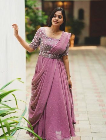 FANCY GEORGETTE SEQUENCE ZARI AND THREAD EMBROIDERY WORK GOWN ATTACHED DUPATTA AND WAIST BELT PINK