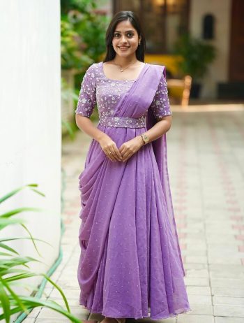 FANCY GEORGETTE SEQUENCE ZARI AND THREAD EMBROIDERY WORK GOWN ATTACHED DUPATTA AND WAIST BELT LAVENDER
