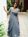 FANCY GEORGETTE SEQUENCE ZARI AND THREAD EMBROIDERY WORK GOWN ATTACHED DUPATTA AND WAIST BELT  GREY