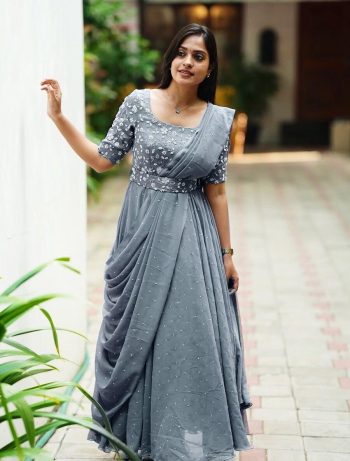 FANCY GEORGETTE SEQUENCE ZARI AND THREAD EMBROIDERY WORK GOWN ATTACHED DUPATTA AND WAIST BELT  GREY