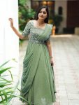 FANCY GEORGETTE SEQUENCE ZARI AND THREAD EMBROIDERY WORK GOWN ATTACHED DUPATTA AND WAIST BELT  PISTA