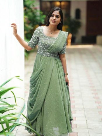 FANCY GEORGETTE SEQUENCE ZARI AND THREAD EMBROIDERY WORK GOWN ATTACHED DUPATTA AND WAIST BELT  PISTA