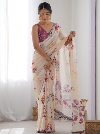 FANCY GEORGETTE SILK PRINTED WITH MIRROR WORK BORDER SAREE WITH UNSTITCHED BLOUSE OFF WHITE