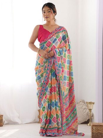 FANCY GEORGETTE SILK PRINTED WITH MIRROR WORK BORDER SAREE WITH UNSTITCHED BLOUSE MULTI