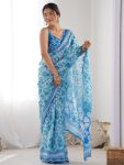 FANCY GEORGETTE SILK PRINTED WITH MIRROR WORK BORDER SAREE WITH UNSTITCHED BLOUSE SKY