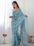 FANCY GEORGETTE SILK PRINTED WITH MIRROR WORK BORDER SAREE WITH UNSTITCHED BLOUSE SKY