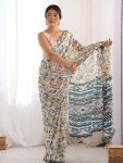 FANCY GEORGETTE SILK PRINTED WITH MIRROR WORK BORDER SAREE WITH UNSTITCHED BLOUSE  MULTI