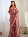 FANCY GEORGETTE SILK PRINTED WITH MIRROR WORK BORDER SAREE WITH UNSTITCHED BLOUSE RED