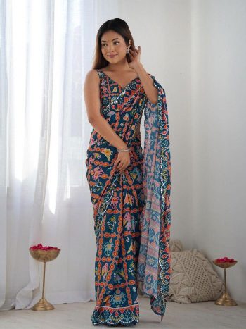 FANCY GEORGETTE SILK PRINTED WITH MIRROR WORK BORDER SAREE WITH UNSTITCHED BLOUSE RAMA